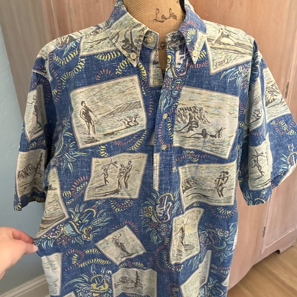 Reyn Spooner Shirt Vintage 80s Surf Hawaiian Reverse Print postcard blue popover - Picture 6 of 16